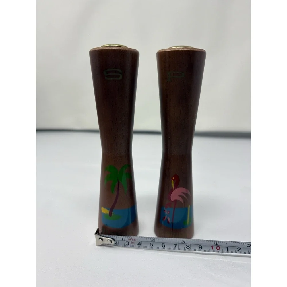 Vintage MCM wooden salt and‎ pepper shakers Florida Danish modern flamingo palm